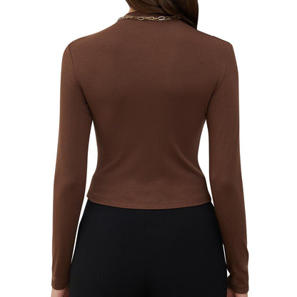 Aperlamiri Long Sleeve Modal Pullover Shirt Mailard Brown Black Basic Crop Top