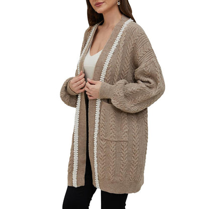 Aperlamiri Pearl Trimed Open Front Long Sleeve Light Weight Twisted Cable Knit Cardigan