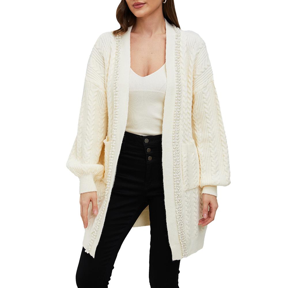 Aperlamiri Pearl Trimed Open Front Long Sleeve Light Weight Twisted Cable Knit Cardigan