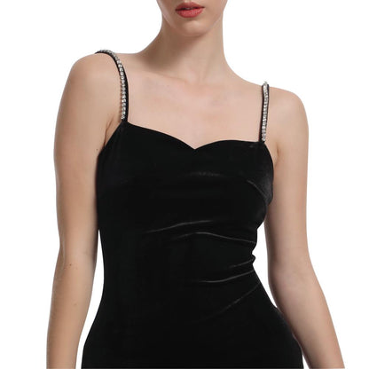 Aperlamiri Black Velvet Crystal Spaghetti Strap Mini Dress