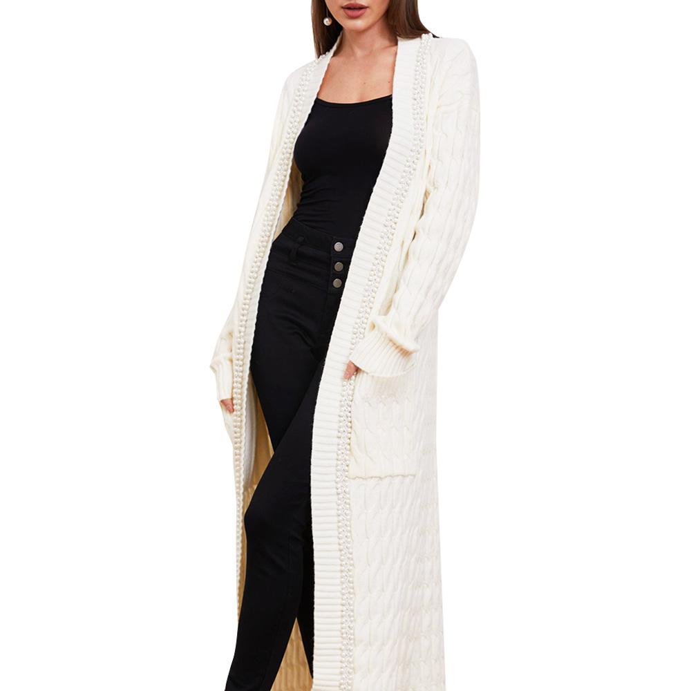 Aperlamiri Pearl Trimmed Casual Loose Fit Lounge Wear Long Maxi Knit Cardigan