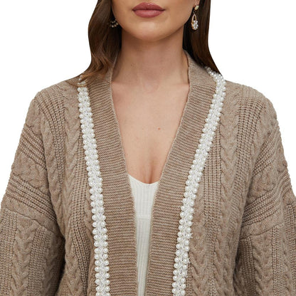 Aperlamiri Pearl Trimed Open Front Long Sleeve Light Weight Twisted Cable Knit Cardigan