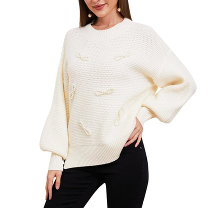 Aperlamiri Pearl Bow-Tie Round Neck Side Slit Knit Sweater Top