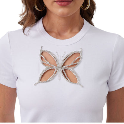 Aperlamiri Rhinestone Trimmed Butterfly-Shape Hollow-out Cotton T-shirt