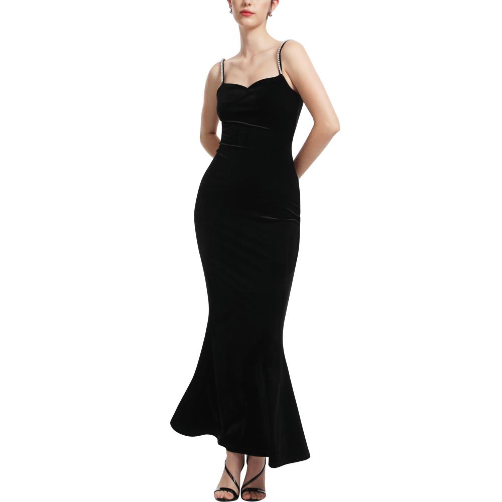 Aperlamiri Black Velvet Crystal Spaghetti Strap Thigh-High Slit Maxi Dress