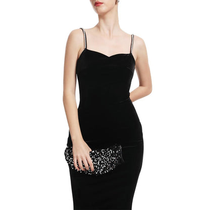 Aperlamiri Black Velvet Crystal Spaghetti Strap Thigh-High Slit Maxi Dress