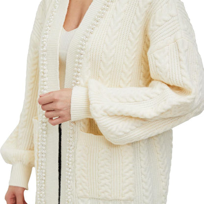 Aperlamiri Pearl Trimed Open Front Long Sleeve Light Weight Twisted Cable Knit Cardigan