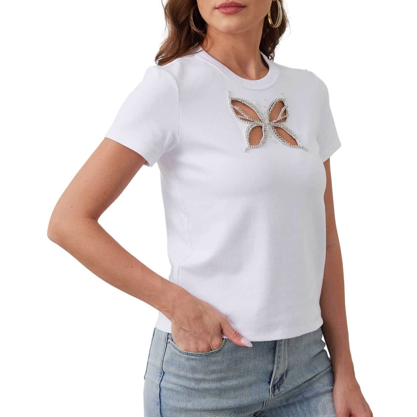 Aperlamiri Rhinestone Trimmed Butterfly-Shape Hollow-out Cotton T-shirt