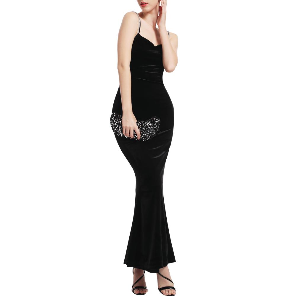 Aperlamiri Black Velvet Crystal Spaghetti Strap Thigh-High Slit Maxi Dress