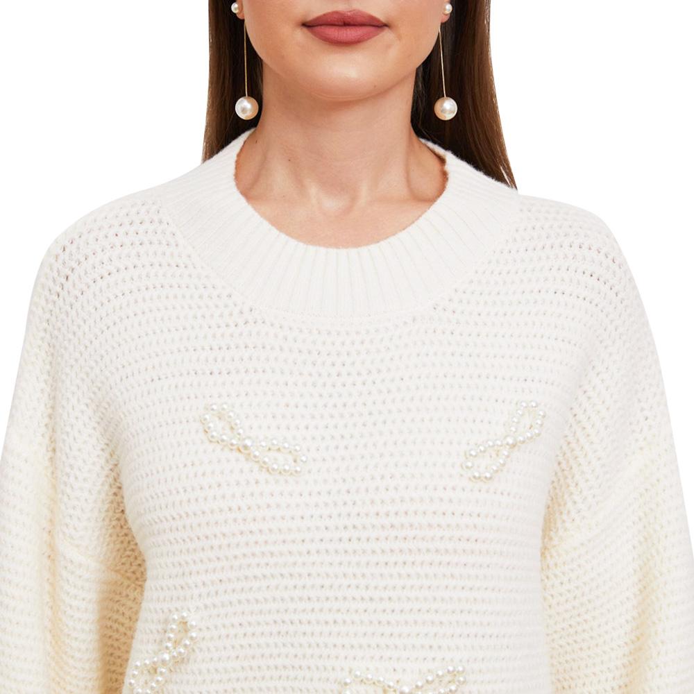 Aperlamiri Pearl Bow-Tie Round Neck Side Slit Knit Sweater Top