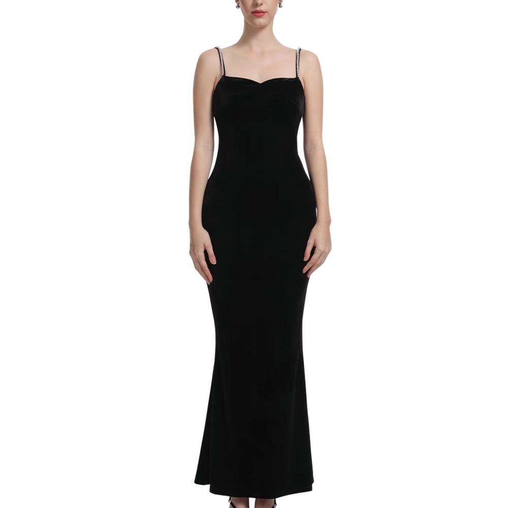 Aperlamiri Black Velvet Crystal Spaghetti Strap Thigh-High Slit Maxi Dress