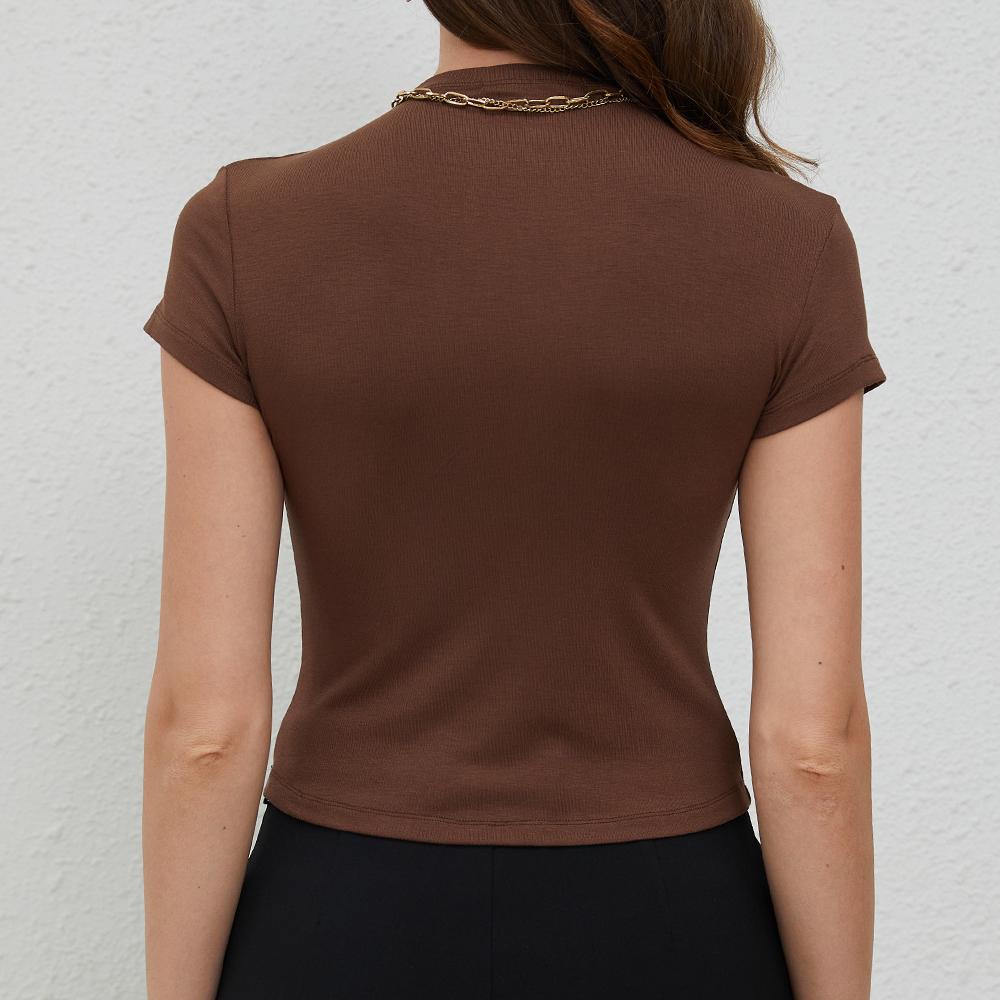 Aperlamiri Short Sleeve Modal T Shirt Mailard Brown Black Basic Crop Top