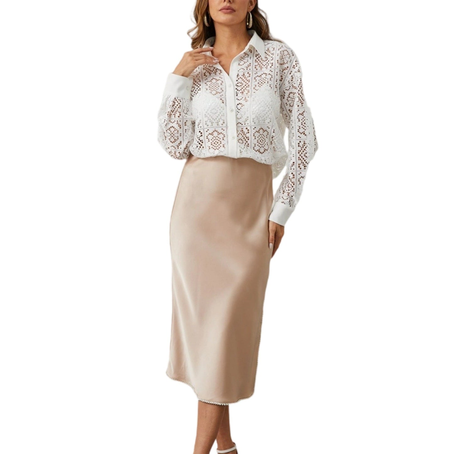 Aperlamiri  Lace Hollow-Out See-Through Mesh Long Sleeve Shirt For Women