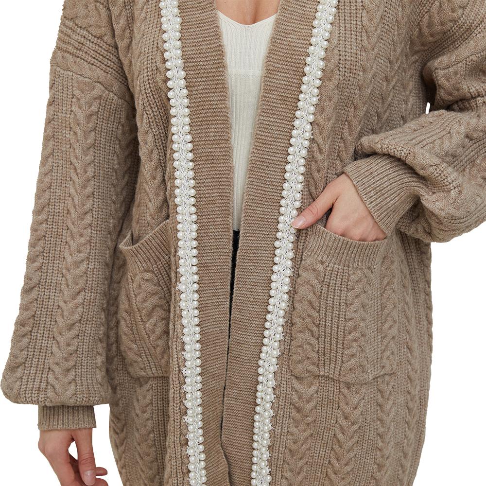 Aperlamiri Pearl Trimed Open Front Long Sleeve Light Weight Twisted Cable Knit Cardigan