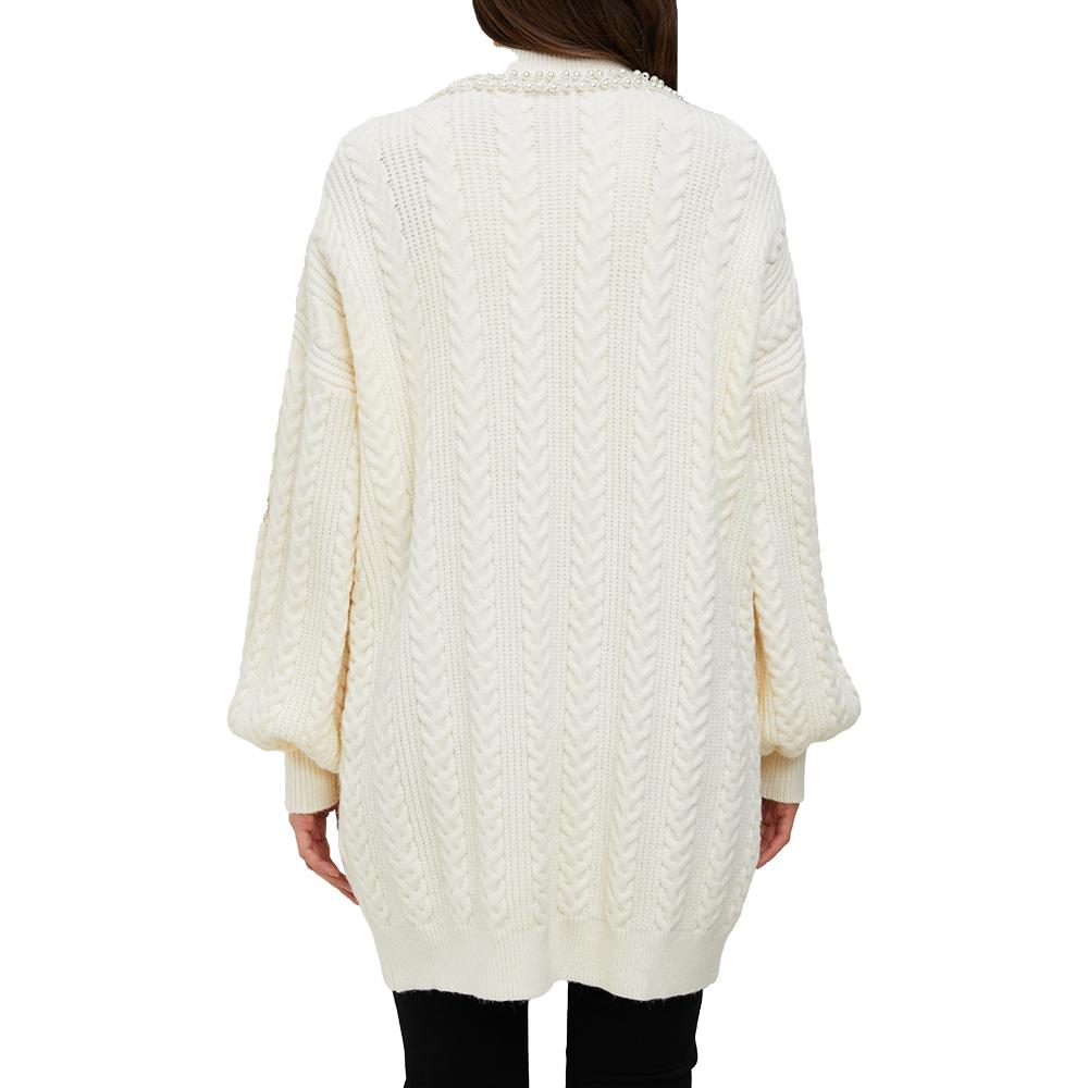 Aperlamiri Pearl Trimed Open Front Long Sleeve Light Weight Twisted Cable Knit Cardigan