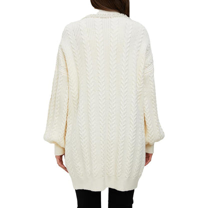 Aperlamiri Pearl Trimed Open Front Long Sleeve Light Weight Twisted Cable Knit Cardigan