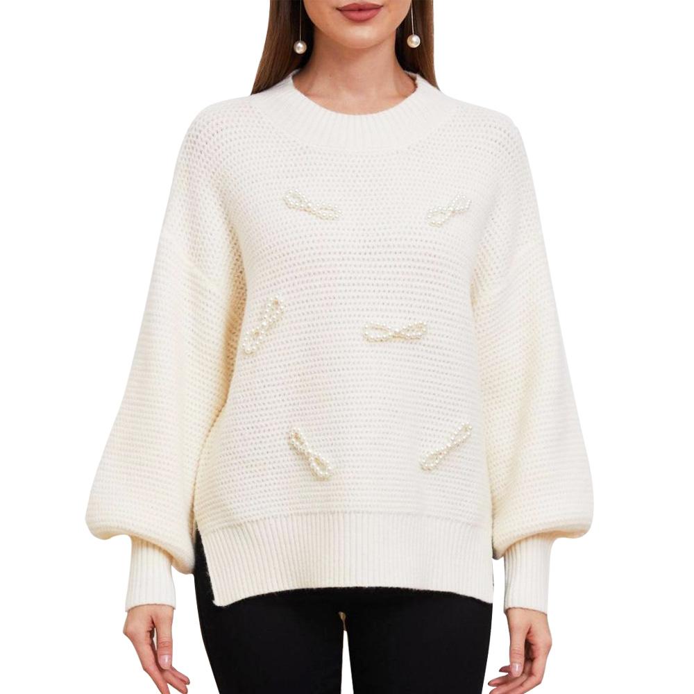 Aperlamiri Pearl Bow-Tie Round Neck Side Slit Knit Sweater Top