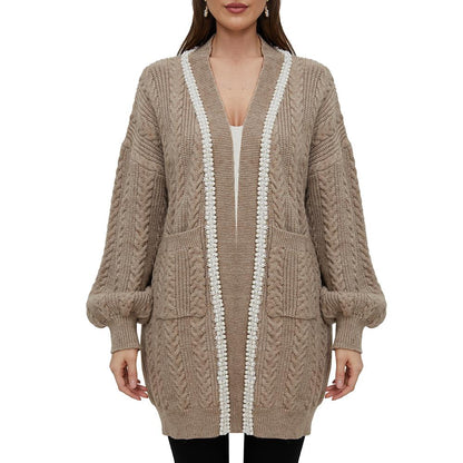 Aperlamiri Pearl Trimed Open Front Long Sleeve Light Weight Twisted Cable Knit Cardigan