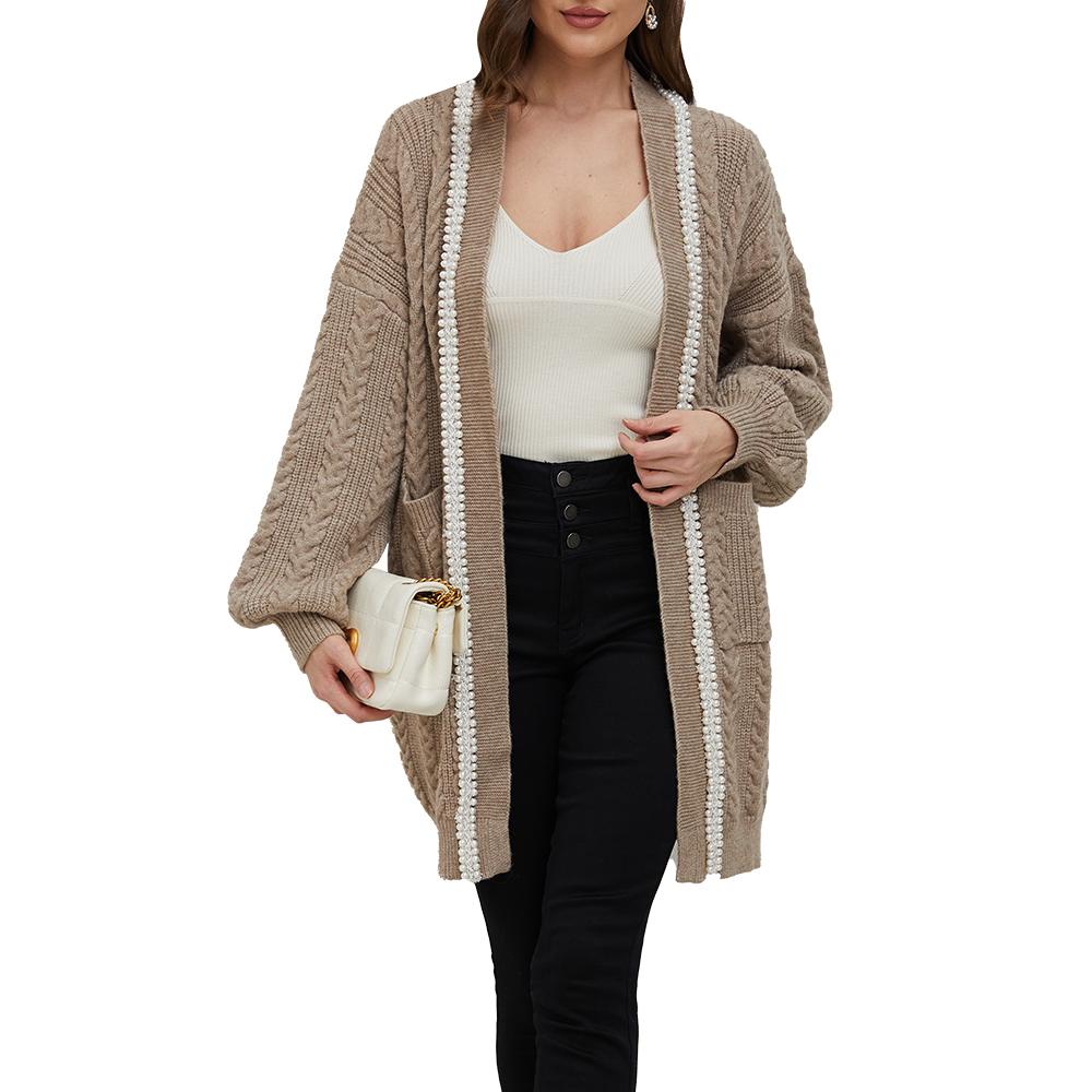 Aperlamiri Pearl Trimed Open Front Long Sleeve Light Weight Twisted Cable Knit Cardigan