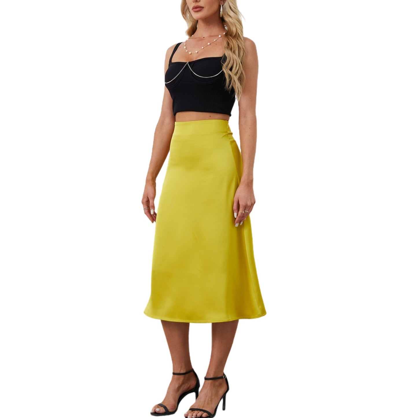 Aperlamiri Satin Silky A-line Skirt High-Rise Midi Skirt