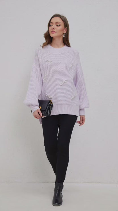 Aperlamiri Pearl Bow-Tie Round Neck Side Slit Knit Sweater Top